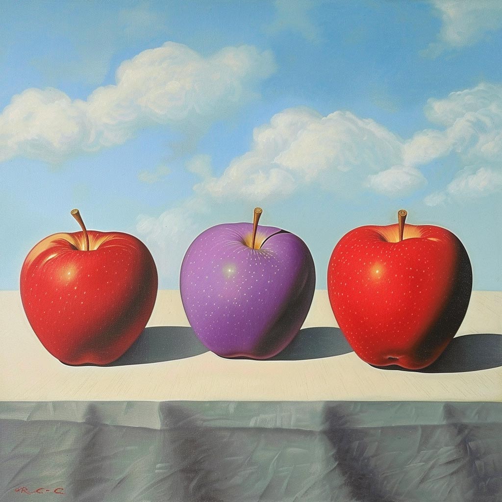 Representação abstrata de diferentes plataformas de investimento imobiliário, com a Bricksave destacada em roxo. Inspirado em "Le fils de l'homme" (O filho do homem), de René Magritte, 1964.