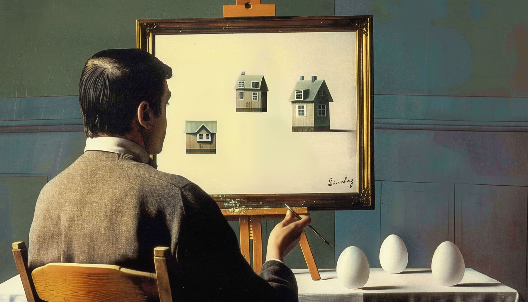 Representação abstrata de propriedades de diferentes classes, inspirada no autorretrato "La Clairvoyance", pintado por René Magritte em 1936