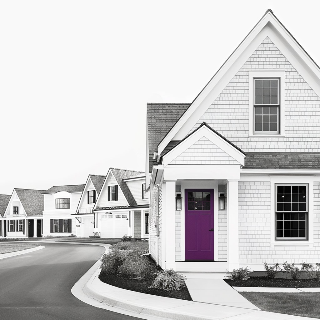 Representação visual de um investimento de alto retorno que foi destacado pela nova ferramenta de seleção de imóveis da Bricksave. Sua porta se destaca em roxo porque foi identificada como uma propriedade especial.